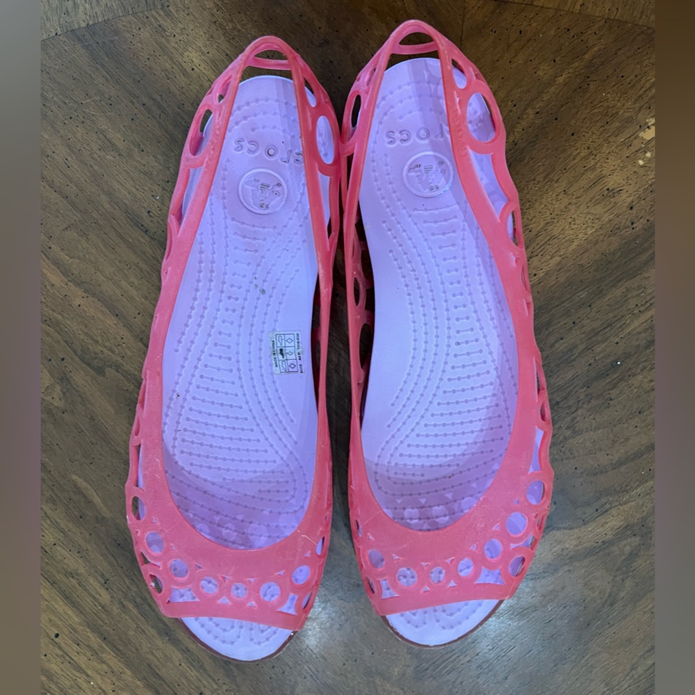 Hot pink crocs peep toes